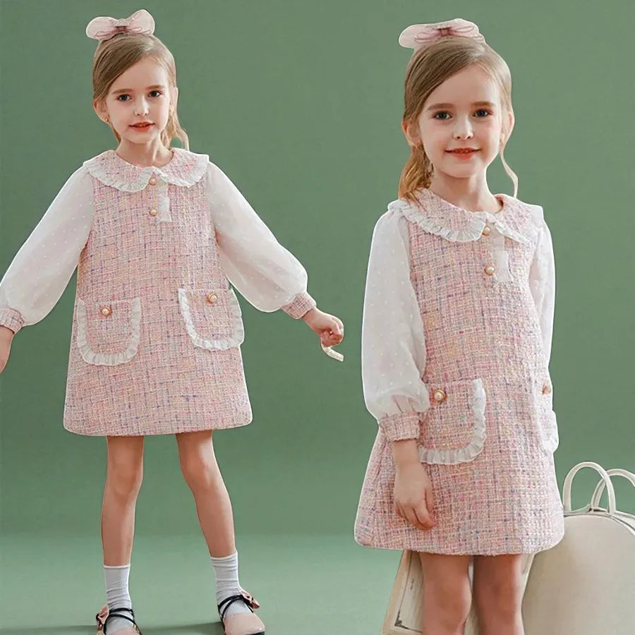 Cute Baby Girls Dresses Spring Autumn Puffle Sleeve Kids Princess Clothes Plaid Doll Collar Party Teens Wear for 6 8 10 12 Years