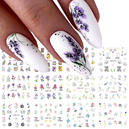 12 Pcs Nail Sticker Set Summer Water Decal Nail Art Ink Flowers Leaves Graffiti Slider for Nail Decoration Foils Tattoo